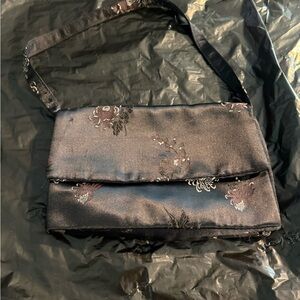 Chic Black Embroidered Satin Bag